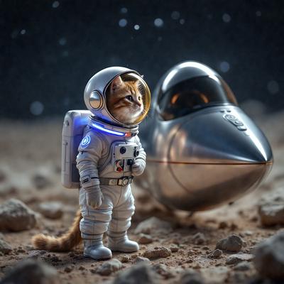 The primary subject of the image is a small toy space suit with a cat inside it. The setting is a rocky surface, possibly a moon or a planet, with a silver spacecraft nearby. The visual style appears to be a digital art or illustration, creating a whimsical and imaginative scene. The colors and mood of the image are predominantly dark and moody, with the cat's suit and the spacecraft providing a contrasting pop of color.